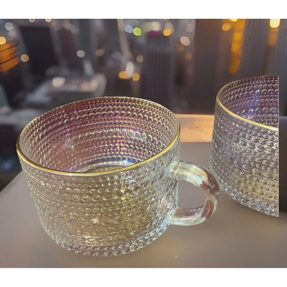 2 Iridescent Style Glass Coffee Mugs Set Of Cups Hobnail Style Gold Trim Cups - Picture 3 of 16